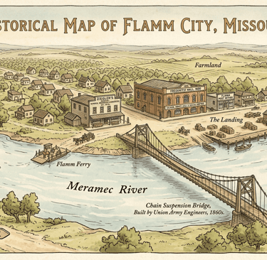 Vintage illustrated historical map of Flamm City, Missouri featuring the Meramec River suspension bridge.