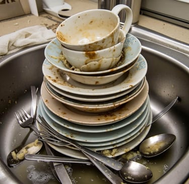 A stack of dirty plates and mugs with silverware in a stainless steel kitchen sink.