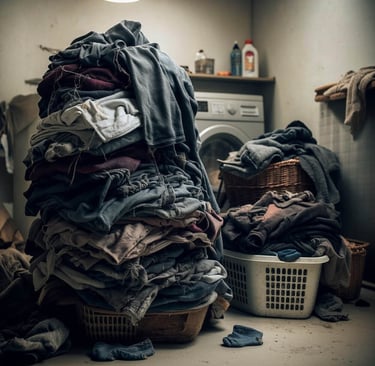 A large pile of messy clothes stacked in a laundry room with a washing machine and baskets.