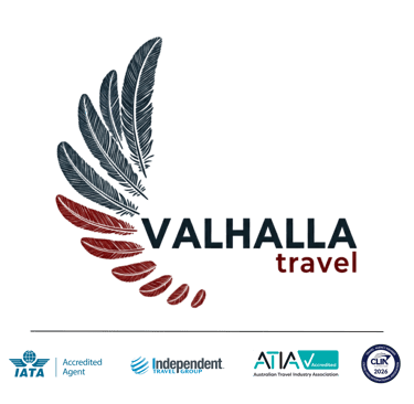 Dark logo for Valhalla Travel with Blue and Red detail and logos for IATA, CLIA, ATIA and Independent Travel Group