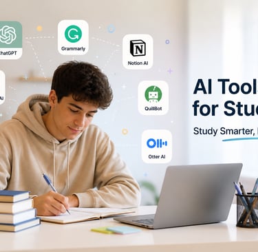 Student using a laptop and notebook with icons for AI tools like ChatGPT, Notion, and Grammarly for studying.