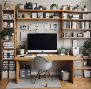 a wooden desk topped with a laptop computer