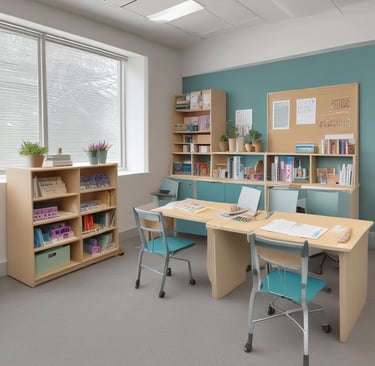 Family kitchen table with learning materials and home decor.