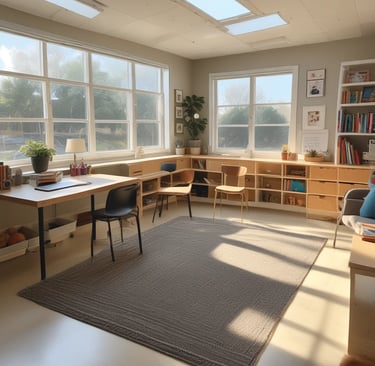 a classroom filled with desks and a chalkboard
