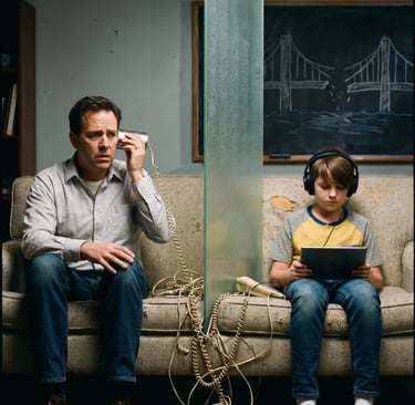 Father and son separated by a glass wall illustrating a communication gap and digital divide.
