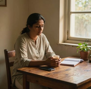 A tired South Asian woman sitting alone with chai, surrounded by signs of over-giving — representing