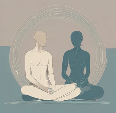 A serene scene of a person sitting peacefully in nature, eyes closed, taking a deep breath with soft morning light filtering through trees