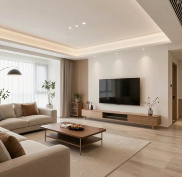 A cozy, modern student residence common area with natural light and welcoming furniture.