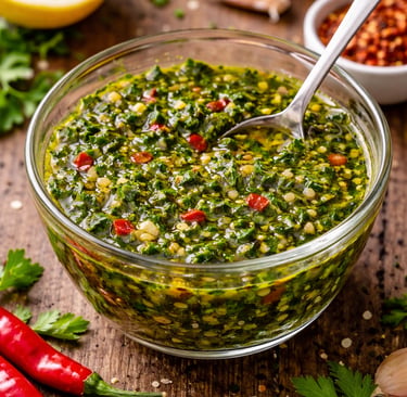 Fresh homemade chimichurri sauce in a glass bowl with parsley, garlic, and red chili peppers.