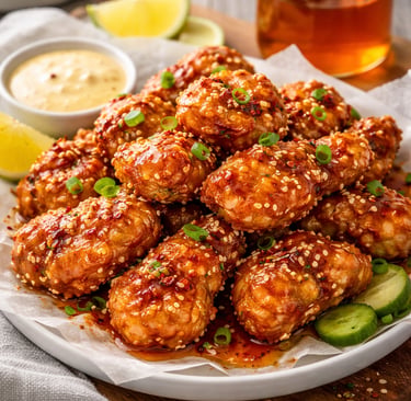 Crispy honey garlic chicken wings garnished with sesame seeds and green onions on a platter.