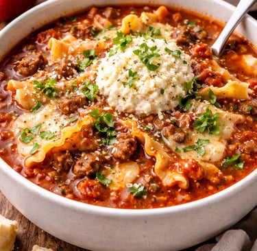 A hearty bowl of homemade lasagna soup topped with a dollop of creamy ricotta cheese and fresh parsley.