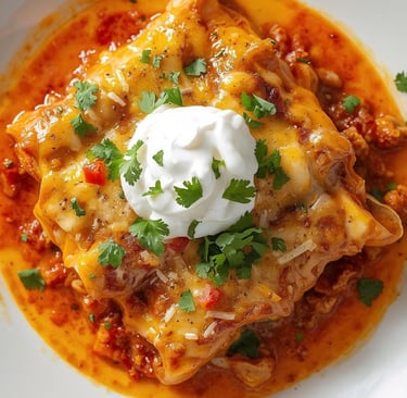 Cheesy baked chicken enchiladas topped with sour cream and fresh cilantro in a red sauce.