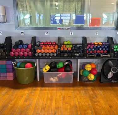 smaller dumbbells, yoga blocks, gloves, balls