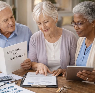Three seniors discussing legal matters, including Last Will and Testament.