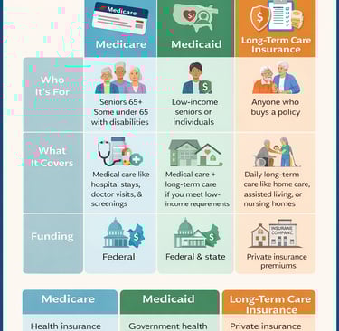 Compares Medicare, Medicaid and Long-Term Care Insurance