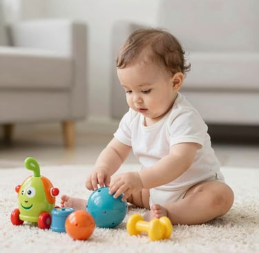 A joyful baby giggling while reaching out to colorful toys in a cozy nursery.