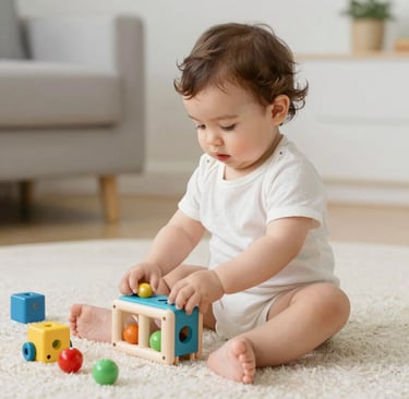 A curious toddler exploring a sunny garden, holding a small flower with wonder.
