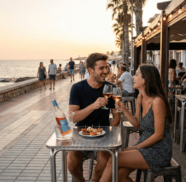 Pareja disfrutando tardeo con Cola de Gallo en Paseo de la Malvarrosa Valencia