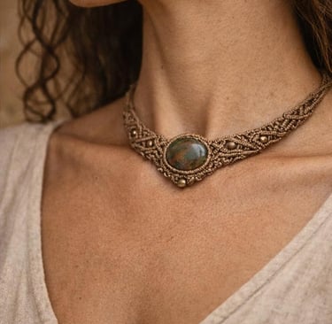 collar de macrame cafe con piedra verde 
