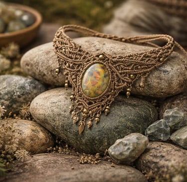 collar de macrame cafe con piedra preciosa verde sobre piedras