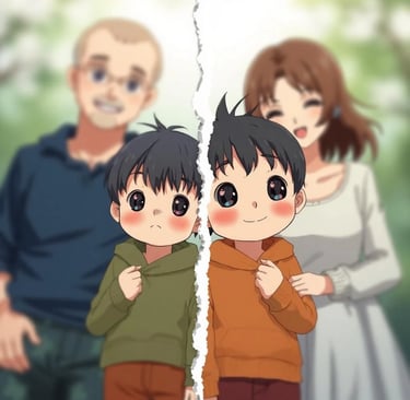 Illustration style anime manga d'une famille en instance de divorce, fixation des droits parentaux. 