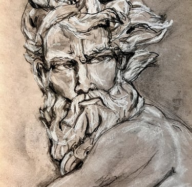 Expressive charcoal and white chalk sketch of a bearded Greek god statue on toned paper.