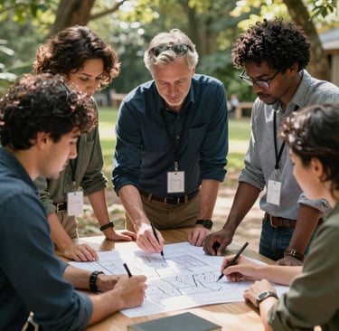 A group of diverse professionals and community leaders collaborating over a building plan in a sunlit outdoor workspace, International / Diverse Communities, warm natural lighting, Forest Green and Dark Blue accents.