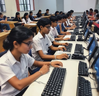 An instructor guiding students through computer training on modern laptops.