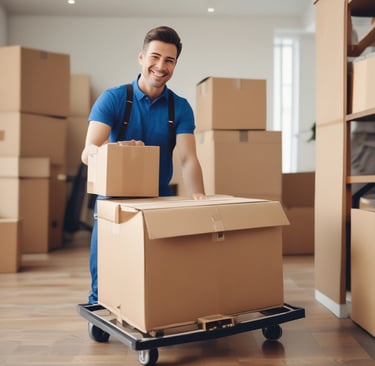 A neatly packed moving truck loaded with labeled boxes and wrapped furniture ready for transport.