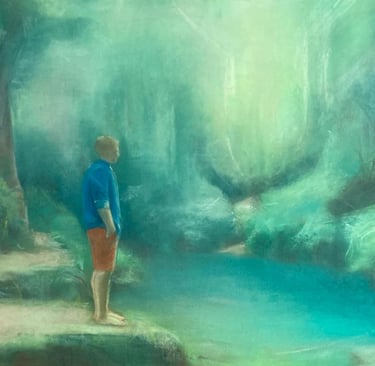 Drawing of a man standing by a turquoise forest stream. dry pastel on paper. 50x65.