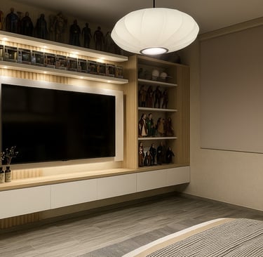 Modern entertainment center with a wall-mounted TV, built-in shelving, and action figure collectibles display.