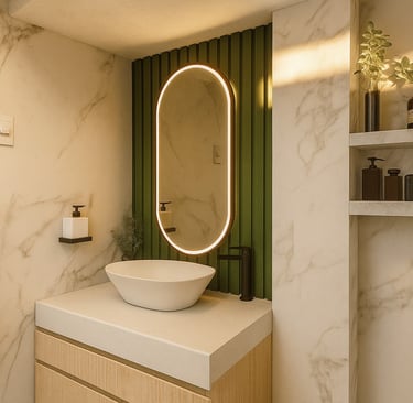 Modern bathroom vanity with marble walls, oval backlit mirror, and green wood paneling.