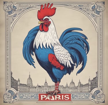 A vibrant French street scene painting with red, white, and blue accents.