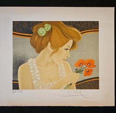 art deco vintage lithographie portrait de femme blonde aux coquelicots