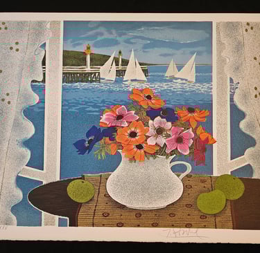 art deco vintage figuratif lithographie nature morte bouquet de fleurs voiliers en mer yves ganne