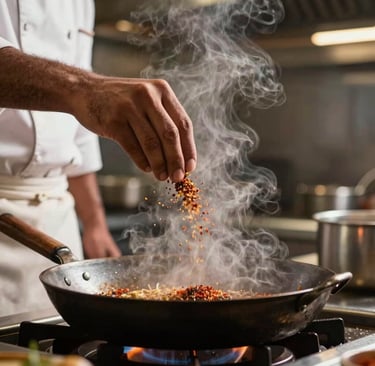 A close-up photograph of a professional South Asian / Indian chef in a modern restaurant kitchen gently tossing aromatic spices on a hot, dark iron pan, warm rising steam, glowing backlight.