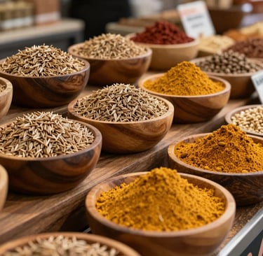 A vibrant and inviting modern marketplace display showcasing wooden bowls overflowing with raw cumin seeds and freshly ground dark golden spice powders, capturing a cozy yet elite culinary boutique feel.
