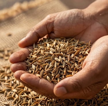A high-quality close-up photograph of raw, whole cumin seeds cradled in warm, sunlit South Asian / Indian hands, highlighting rich, earthy textures against a rustic jute sack backdrop, filled with golden warm afternoon light.