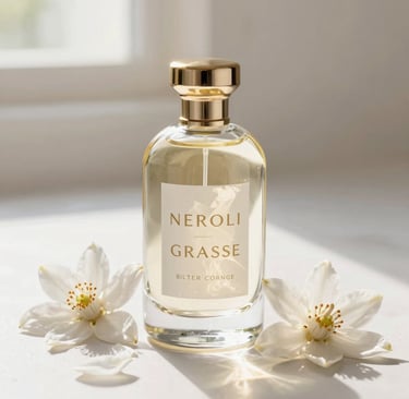 Softly lit white neroli blossoms arranged artfully on a champagne-colored silk fabric.