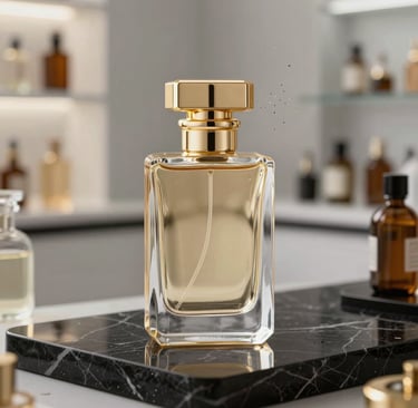 Vintage perfume bottles from Grasse, bathed in warm light, reflecting the heritage of perfumery.