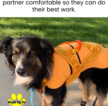 Australian Shepherd wearing an orange dog cool coat under a harness