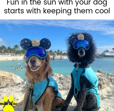 Two dogs wearing cooling vests, goggles, and ears on a sunny tropical beach to stay cool.