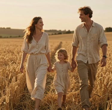 A cinematic lifestyle shot of a young family walking through a golden field at dusk. The light is warm and sun-drenched, illuminating the subjects' soft sand linen outfits. Captured with a professional storytelling lens, focusing on a candid, joyous moment in a European countryside setting.