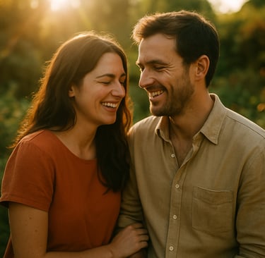 An authentic portrait of a couple sharing a quiet, intimate laugh in a warm sun-drenched garden. The composition is cinematic with natural lens flare. They are dressed in earthy terracotta and warm beige tones, captured in a storytelling style.