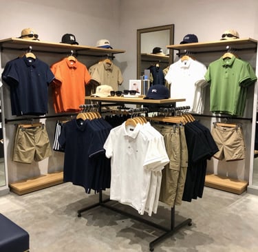 A vibrant display of colorful clothing and stylish accessories neatly arranged on wooden shelves in a cozy boutique setting.