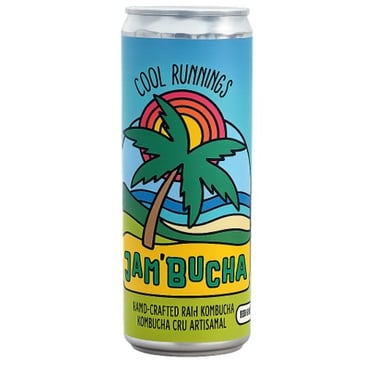 Jam'Bucha Cool Runnings hand-crafted raw kombucha in a slim can with a palm tree beach design.