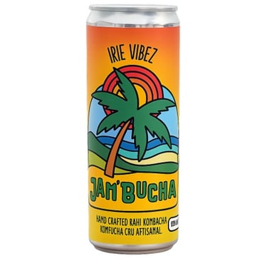 A can of Jam'Bucha handcrafted raw kombucha with a tropical palm tree and sunset label design.