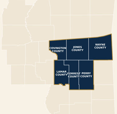  Map of Pine Belt Mississippi counties served by Field & Vine Realty