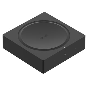 Matte black Sonos Amp wireless home audio amplifier with touch controls on a white background.