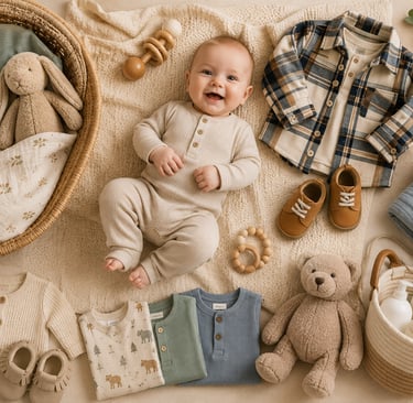Smiling baby boy lying on a blanket surrounded by organic baby clothes, toys, and nursery essentials.